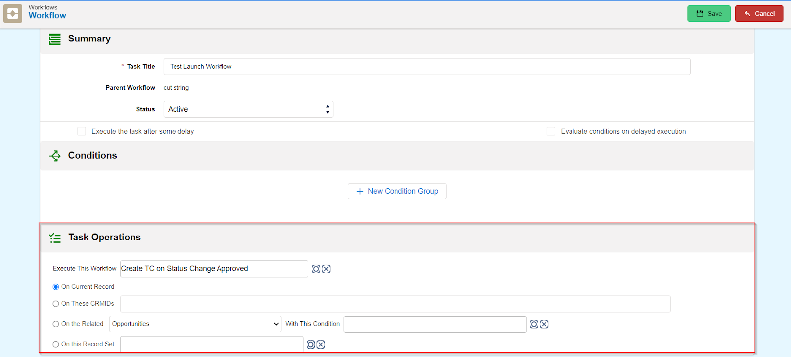 Launch Workflow Task screen