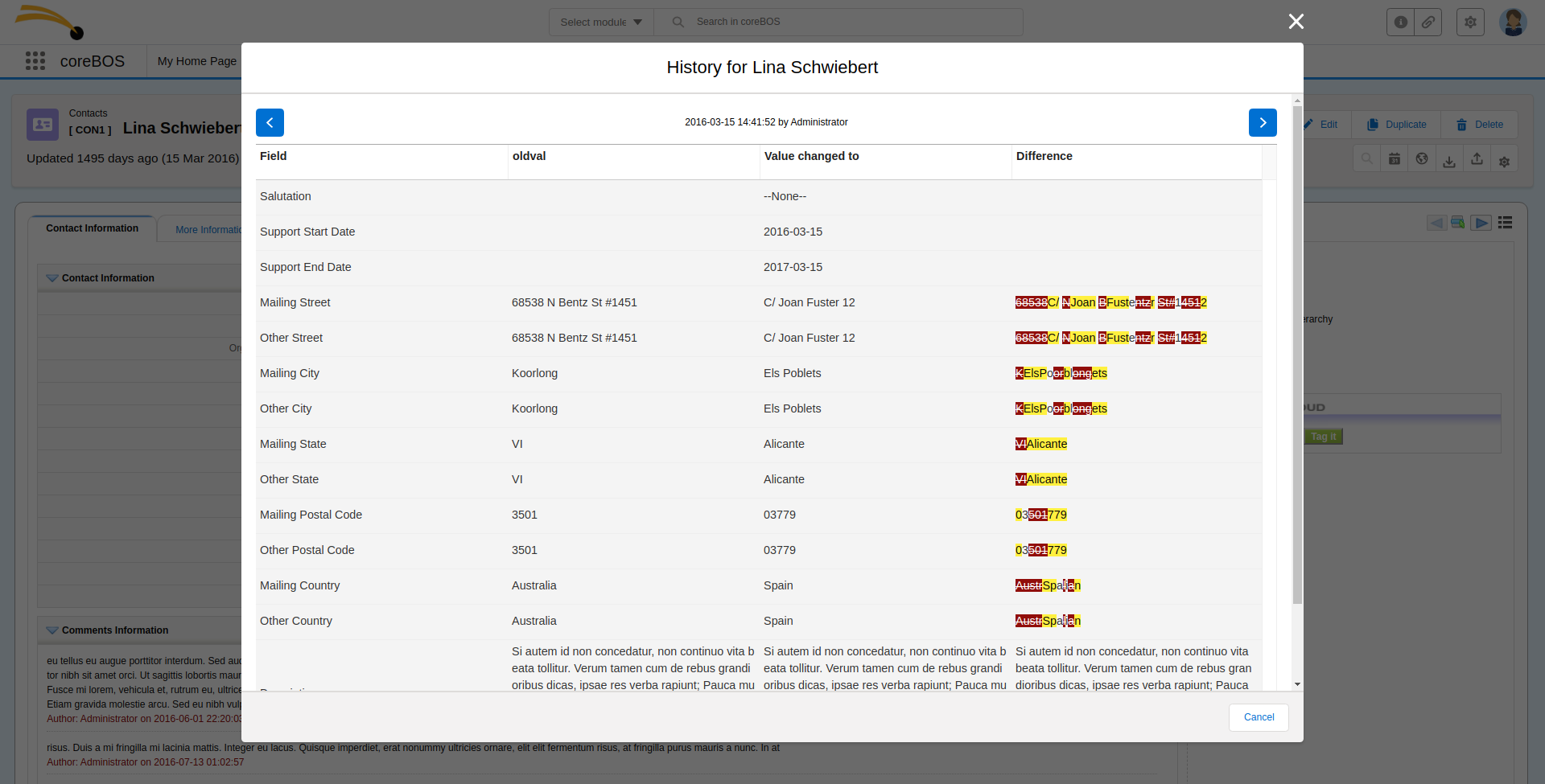 ModTracker changes table