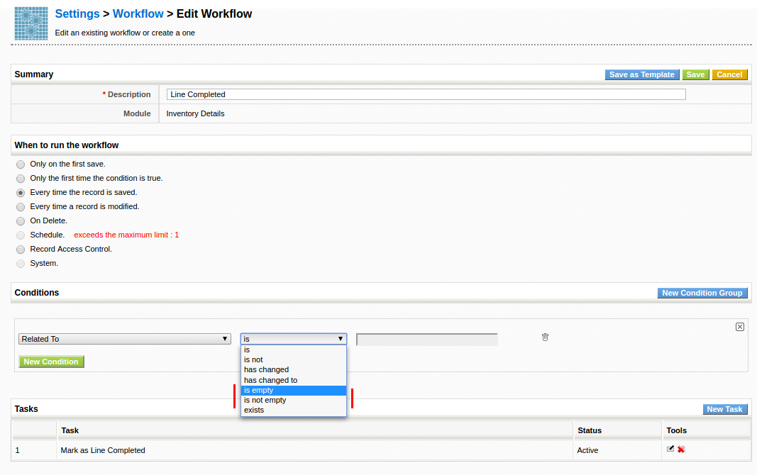 Workflow Conditions empty and not empty