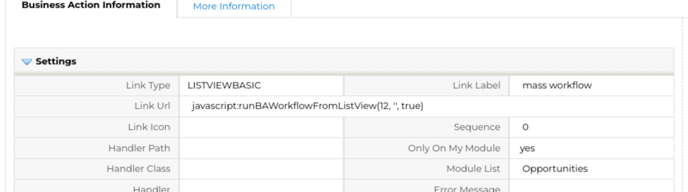 run business action workflow action in list view
